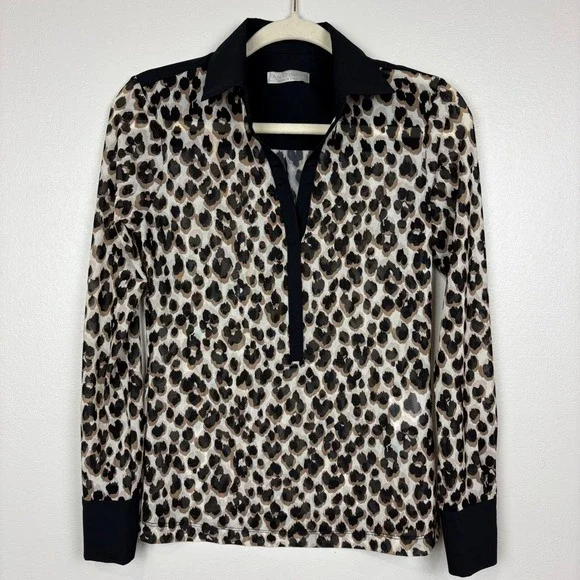 Anatomie Gem Mesh Leopard Print Blouse Size S Collar Long Sleeves Y-Neck Travel - Picture 11 of 14